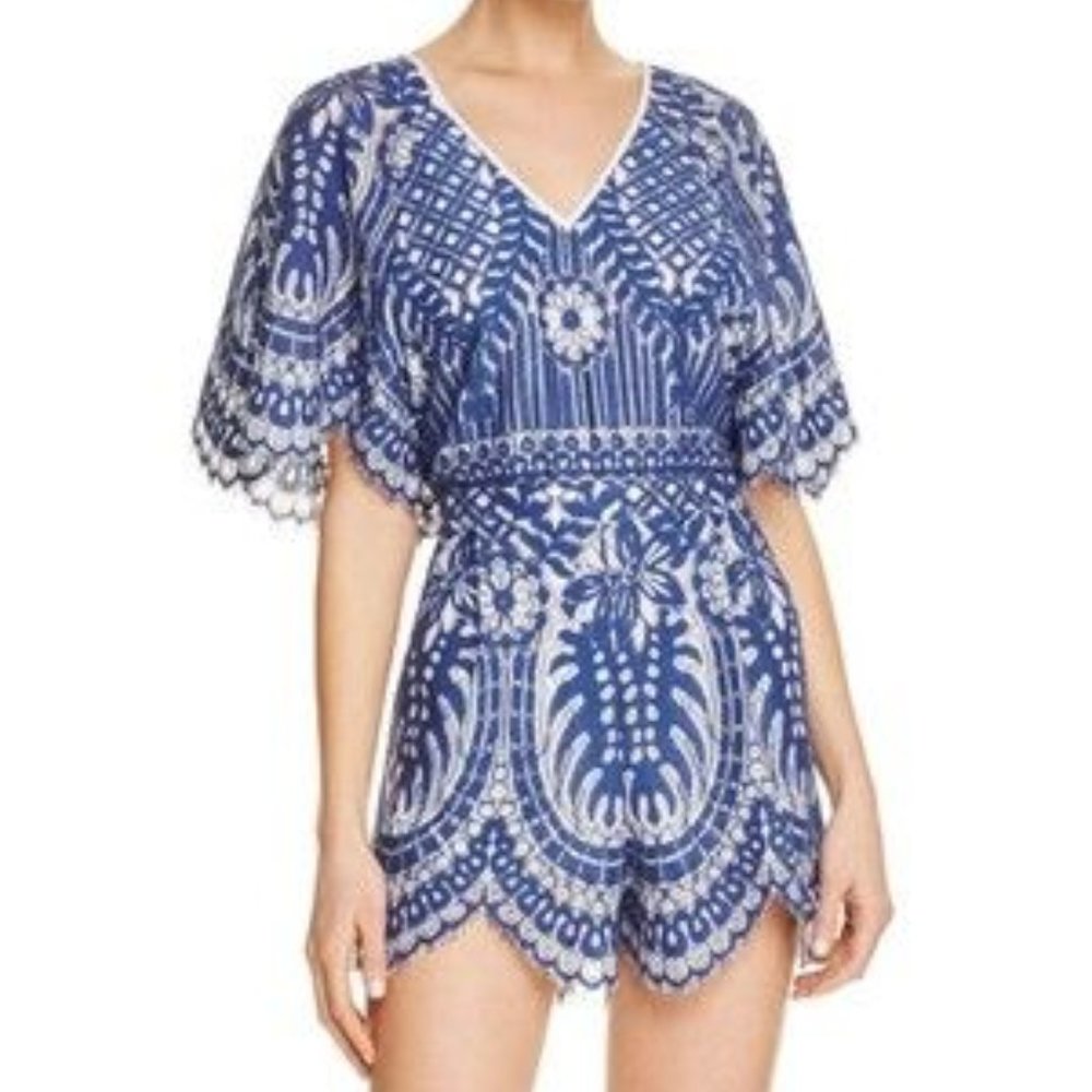 Open Back Blue White Lace Embroidered Romper